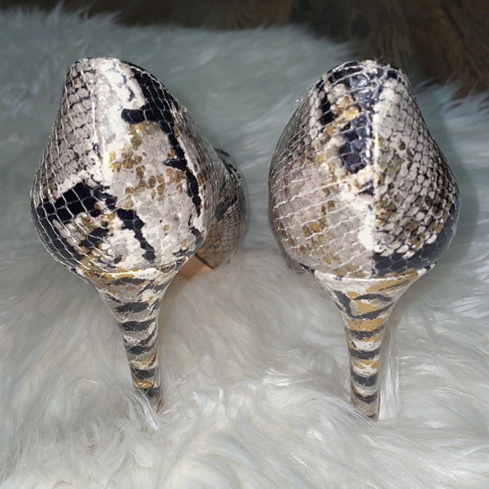 Kate Spade Leather Metallic Snakeskin Peep Toe Pumps - Picture 8 of 8